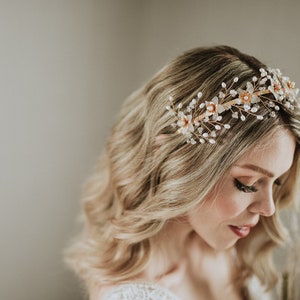 Gold wedding headband, Flower crown, Crystal and freshwater pearl, Boho bridal hair vine, Unique silver halo, Luxury hair accessory, Rustic image 10