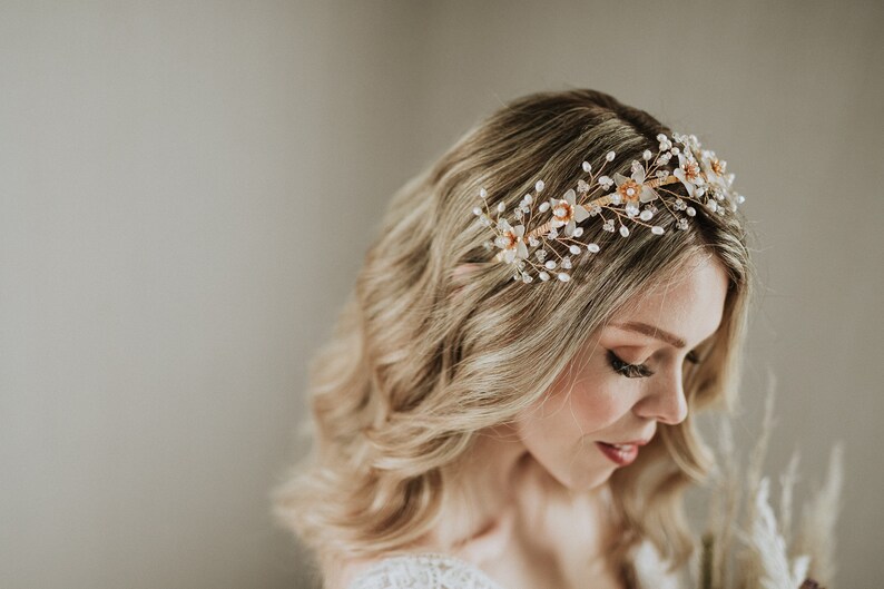 Gold wedding headband, Flower crown, Crystal and freshwater pearl, Boho bridal hair vine, Unique silver halo, Luxury hair accessory, Rustic image 10