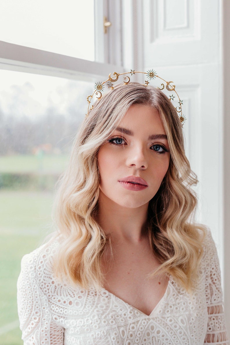 Gold Wedding Hair Pieces, Celestial Tiara, Star bridal accessories, Wedding moons crown, Boho bride, Bohemian headpiece, Hair Accessory image 1