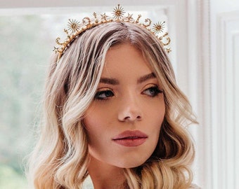 Accesorios para el cabello de novia de oro, accesorio de boda celestial, tocado de estrella, diadema de novia Boho, corona Boho, pieza de cabello de estrellas doradas