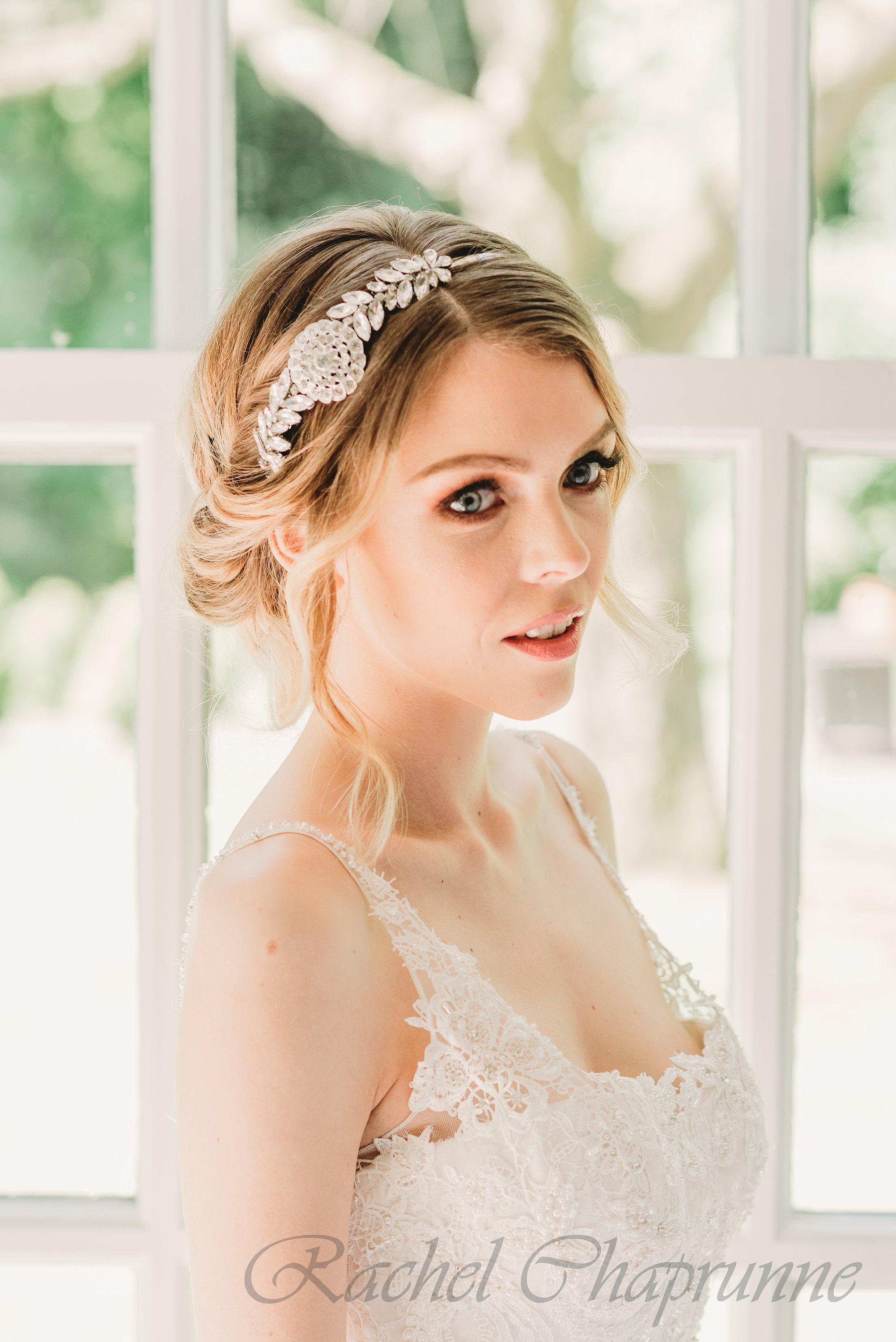 Art Deco Crystal Flower Headband Tiara Wedding Hair Accessory Bridal enamel flower headband - Regal enamel flower and  main image 2