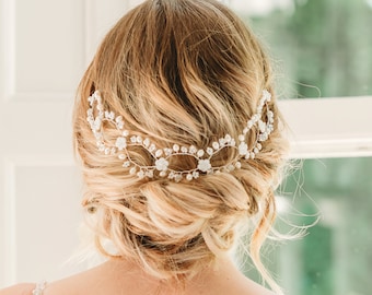 Bridal halo, Pearl bridal hair vine, Back of hair bridal headpiece, Crystal bridal hair vine, Boho bridal vine silver, Boho vine