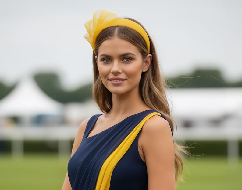 mustard yellow fascinator, feather style headpiece for weddings, race day events and mother of the bride outfit, ascot, Kentucky derby, mother of groom headpiece, chester, haydock, York, newmarket, dubai cup, rugby 7s, ladies day, U.S races, grand national, Epsom, goodwood,  Belmont, breeders cup, church hat, bridal shower, garden party, Melbourne cup,