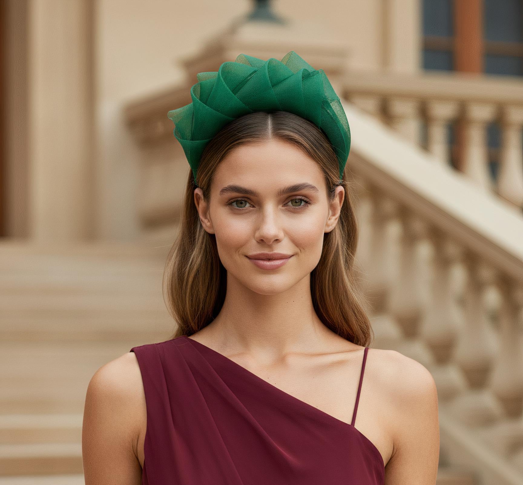 MCM 1950\'s Fascinator Hat Headpiece Green Veiled Satin Jacquard MAY D&F Green Felt Pillbox Hat, Peacock Feather Fascinator, Ascot  main image 3