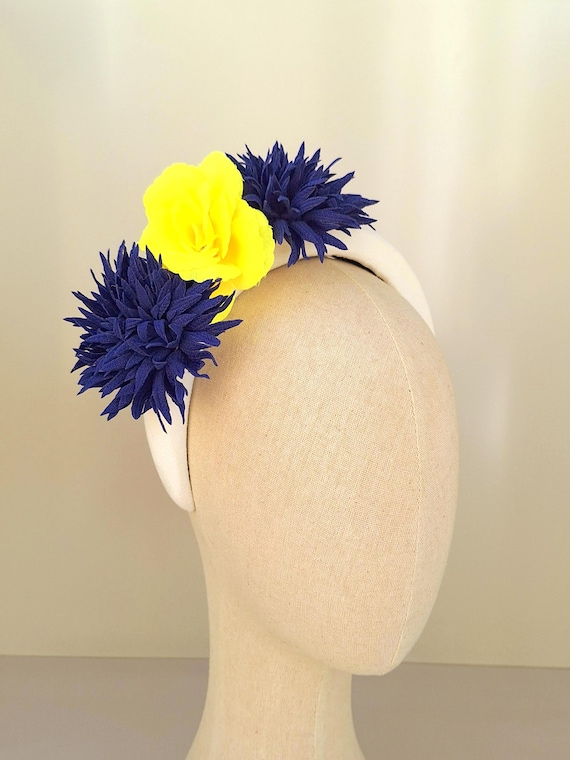 Blue and Yellow Fascinator Alternative, Races Hairpiece, Ladies