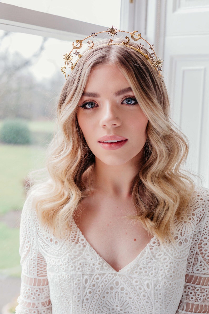 Gold Wedding Hair Pieces, Celestial Tiara, Star bridal accessories, Wedding moons crown, Boho bride, Bohemian headpiece, Hair Accessory image 2