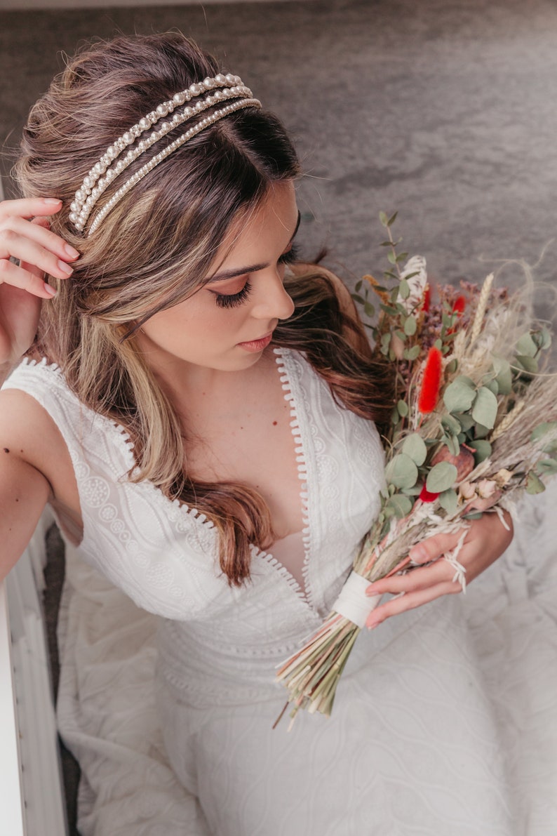 Pearl bridal headpiece, Bridal crown, Unique boho bride, Luxury simple hairpiece, Modern tiara, Romantic up do headband, Rustic elegant image 3