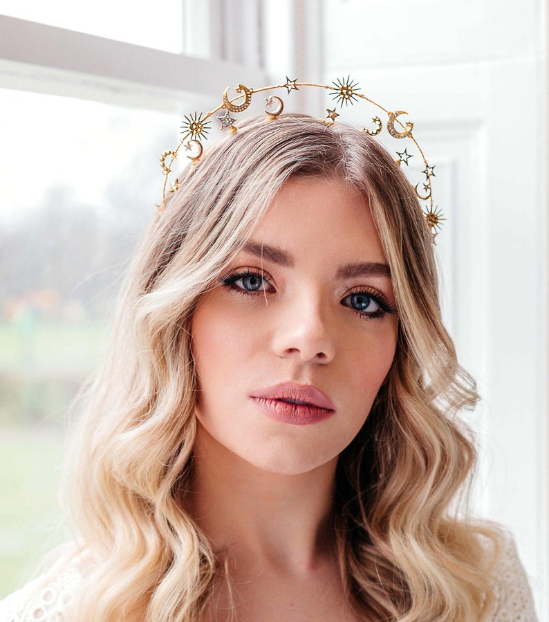 Gold Wedding Hair Pieces, Celestial Tiara, Star bridal accessories, Wedding moons crown, Boho bride, Bohemian headpiece, Hair Accessory image 8