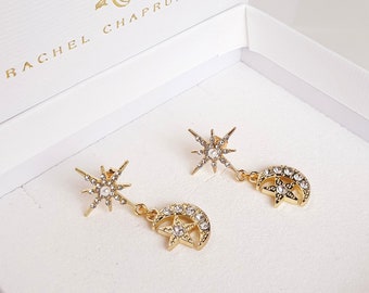 Star and moon earrings, Celestial earrings for bride, Gold bridal earrings, Star crystal accessories, Unique moon earrings, Astrology gift