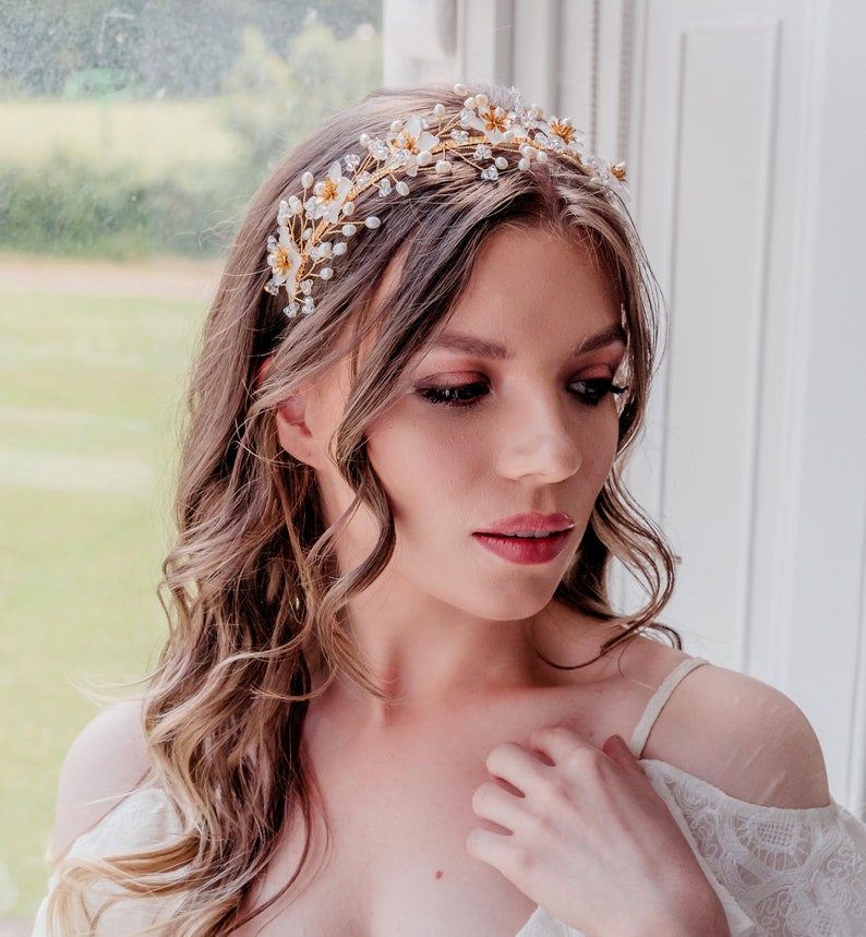 Gold wedding headband, Flower crown, Crystal and freshwater pearl, Boho bridal hair vine, Unique silver halo, Luxury hair accessory, Rustic image 7