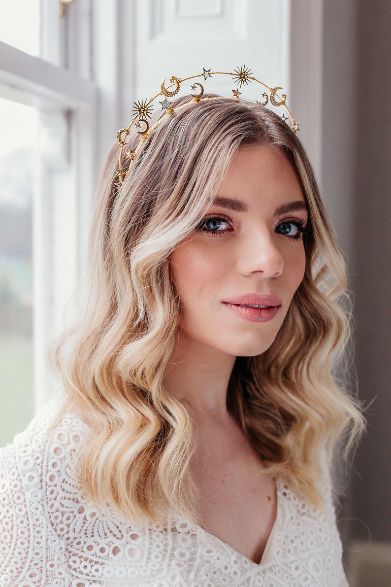 Gold Wedding Hair Pieces, Celestial Tiara, Star bridal accessories, Wedding moons crown, Boho bride, Bohemian headpiece, Hair Accessory image 7