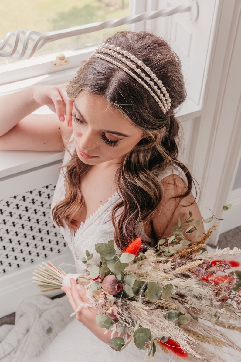 Pearl bridal headpiece, Bridal crown, Unique boho bride, Luxury simple hairpiece, Modern tiara, Romantic up do headband, Rustic elegant image 7