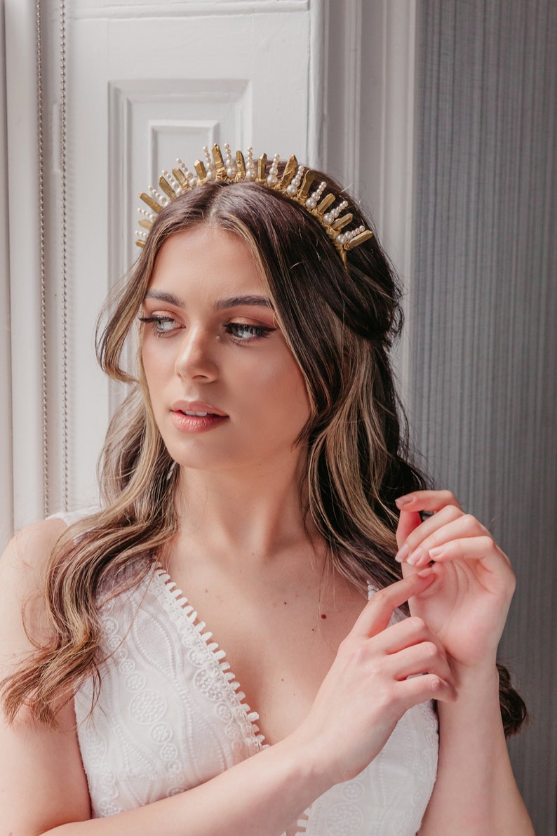 Gold Quartz Crystal Crown With Pearls Unique Bridal Etsy