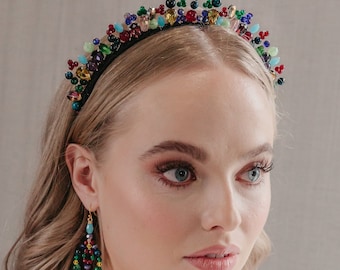 Colourful bridal headpiece, natural crystal stone, wedding headpiece, Jade, Amethyst, blue, red, purple, yellow, pink, Boho, Alternative