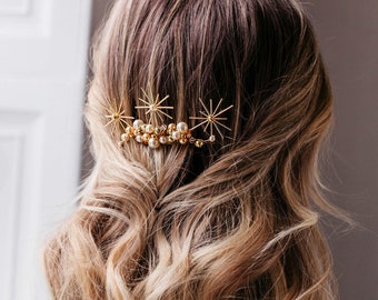 Peigne à cheveux étoile dorée, peigne à cheveux de mariée, casque de mariage céleste, accessoires étoiles pour mariée, dos de cheveux, étoiles de postiche, morceau de cheveux