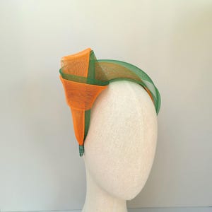 Green and orange fascinator, Unique headpiece, Wedding guest hair accessory, Special event headband, hat alternative, mother of the bride