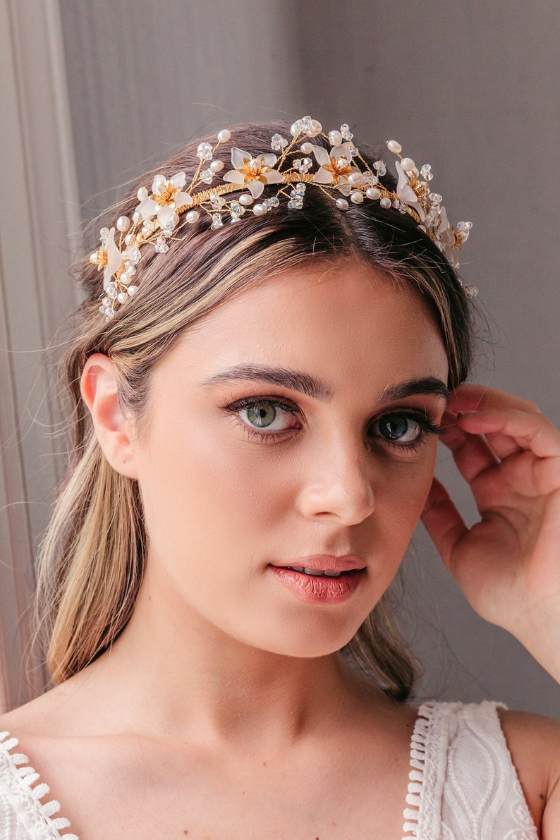 Gold wedding headband, Flower crown, Crystal and freshwater pearl, Boho bridal hair vine, Unique silver halo, Luxury hair accessory, Rustic image 3