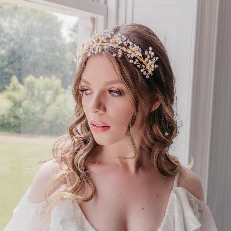 Gold wedding headband, Flower crown, Crystal and freshwater pearl, Boho bridal hair vine, Unique silver halo, Luxury hair accessory, Rustic image 4