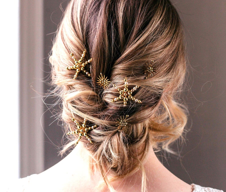 Gold Star Wedding Hair Pins, Wedding Star Hair Clip, Gold Star Hair Clip, Celestial Wedding Hairpiece, Star Headpiece Bridesmaid, Set of 3 image 9