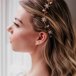 Wedding Headpiece With Stars, Bridal Headpiece With Stars, Gold Celestial bride, Silver star hair vine, Starry Wedding Hair piece, Boho image 5