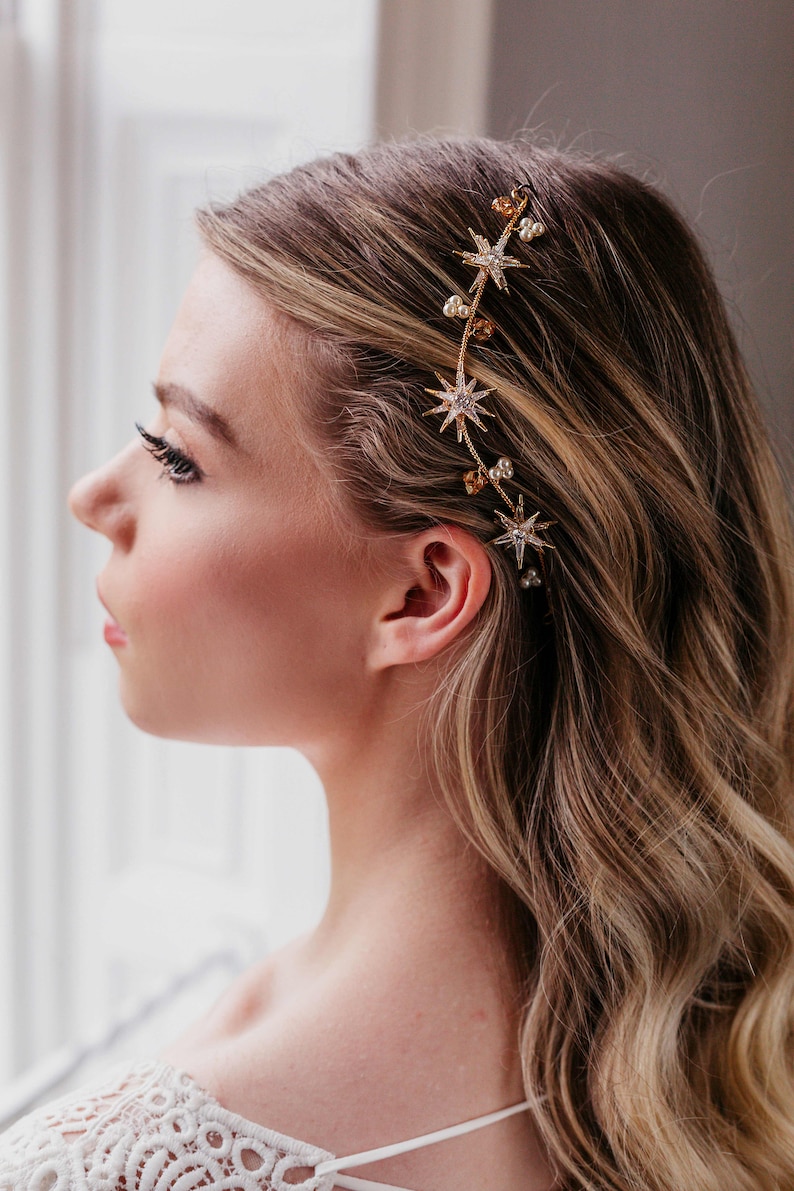 Wedding Headpiece With Stars, Bridal Headpiece With Stars, Gold Celestial bride, Silver star hair vine, Starry Wedding Hair piece, Boho image 5