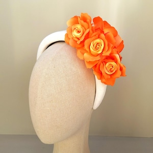 Orange fascinator with silk flowers, Races hairpiece, ladies day, wedding guest hair accessory, mother of the bride, hatinator, floral