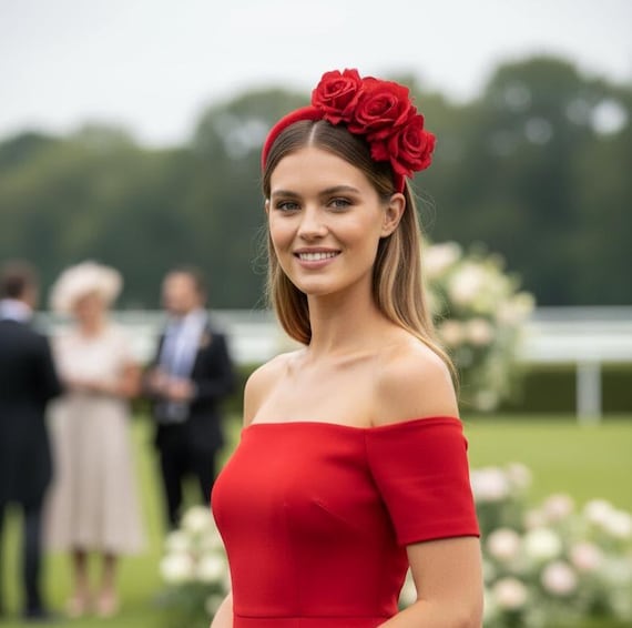 Rose Red Women\'s Floral Fascinator Hat - Elegant Race Day Headpiece A flawless red fascinator featuring roses, ideal for the  main image 3