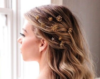 Gold Star Wedding Hair Pins, Wedding Star Hair Clip, Gold Star Hair Clip, Celestial Wedding Hairpiece, Star Headpiece Bridesmaid, Set of 3