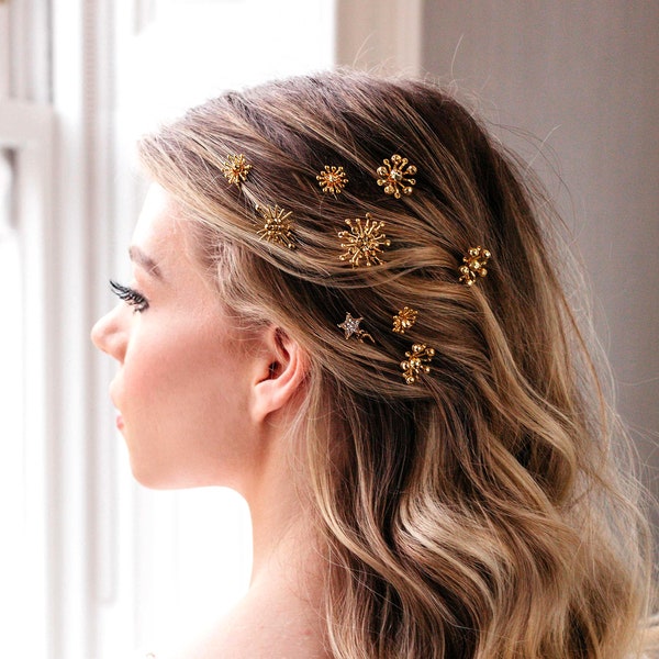 Épingles à cheveux de mariage étoile dorées, épingle à cheveux étoile de mariage, barrette à cheveux étoile dorée, postiche de mariage céleste, coiffe étoile de demoiselle d'honneur, lot de 3