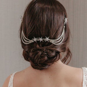 Celestial wedding headpiece, Luxury star hair piece, Unique vintage hair chain, Beautiful up do headpiece, silver bridal hair accessories