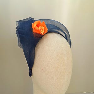Navy blue and orange flower fascinator, Wedding guest hairpiece, Mother of the bride groom, Races hatinator, Hat alternative, Ladies day