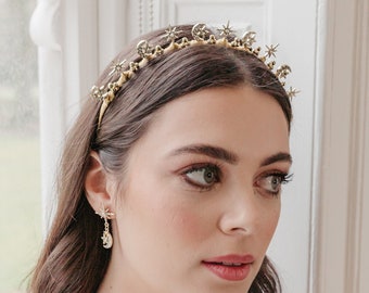 Beau casque de mariage céleste, couronne de mariage étoile, postiche lune, bandeau étoile de luxe, accessoires étoiles uniques, halo de mariée étoile