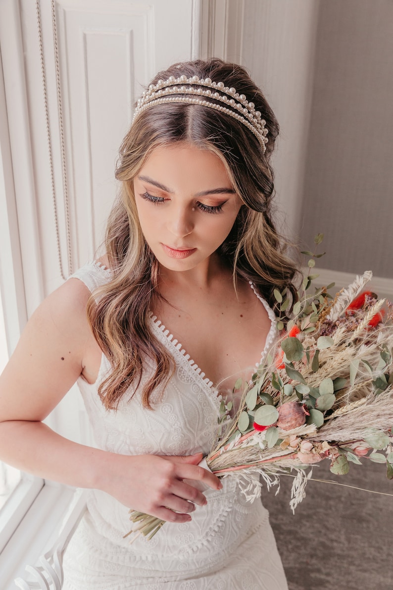 Pearl bridal headpiece, Bridal crown, Unique boho bride, Luxury simple hairpiece, Modern tiara, Romantic up do headband, Rustic elegant image 8