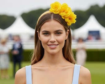 Yellow fascinator with silk flowers, Races hairpiece, ladies day, wedding guest hair accessory, mother of the bride, hatinator, floral