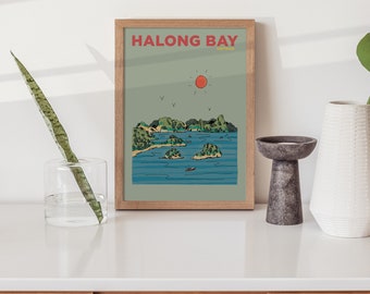 Impression de voyage dans la baie d'Ha Long | Illustration de la baie d'Halong | Ha longues affiches de vacances | Décoration murale personnalisée de la baie d'Halong