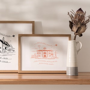 May include: A framed illustration of a house with the text "Mr. & Mrs. White" above it. The text "Son Togores, Mallorca 8th July 2023" is below the house.