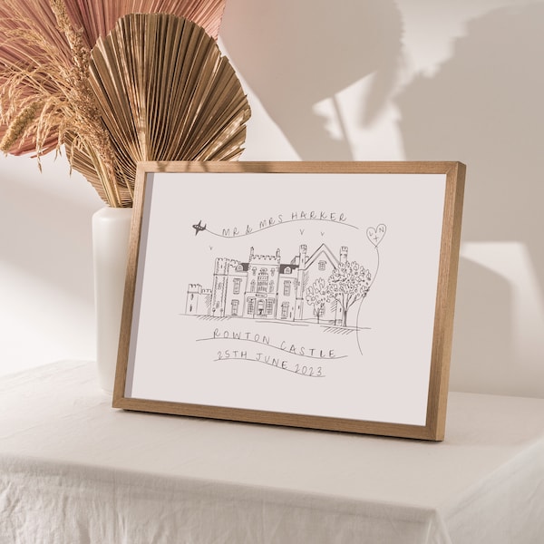 Personalised Wedding Venue Illustration, Custom Venue Portrait Print, Wedding Gift for Couple, Hand Drawn Building Artwork, Anniversary Gift