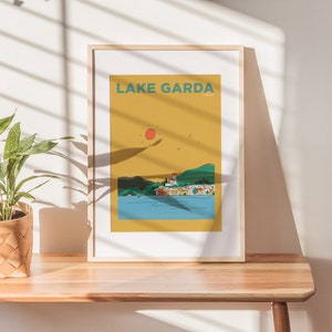Lac de Garde Voyage Imprimer | Lac de Garde Italie Illustration | Lac de Garde affiche de vacances | Tirage d’art personnalisé du lac de Garde
