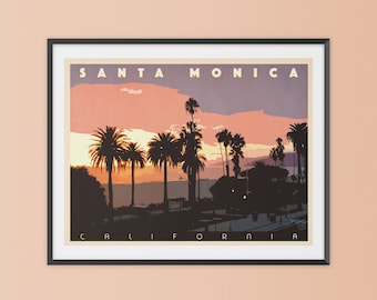 Póster de viaje de Santa Mónica / Arte mural de Santa Mónica, California / Impresión de un atardecer costero de California