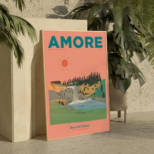 Personalised Favourite Travel Destination Illustration | Bespoke 'Amore' Travel Art Print | Personalised Engagement Gift Travel Print