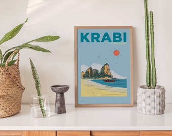 Krabi Thaïlande Voyage Imprimer | Krabi Thaïlande Illustration | Affiche de vacances de Krabi Thaïlande | Art mural personnalisé de Krabi Thaïlande