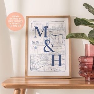 Personalised Couples Location Art Print, Hand Drawn Travel Memories Illustration, Custom Anniversary Gift for Her Him