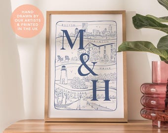 Personalised Couples Location Art Print, Hand Drawn Travel Memories Illustration, Custom Anniversary Gift for Her Him