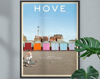 Hove Beach Huts Vintage Style Art Print | Retro Brighton Poster | Hove Poster | UK Holiday Destination Print | Brighton Beach Wall Art