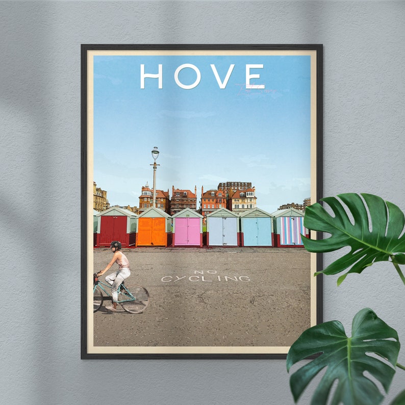 Hove Beach Huts Vintage Style Art Print Retro Brighton Poster Hove Poster UK Holiday Destination Print Brighton Beach Wall Art image 1