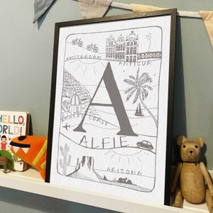Impression initiale personnalisée | Alphabet du petit explorateur | Impression typographie initiales | Art pour chambre d'enfant | Impression 1er anniversaire