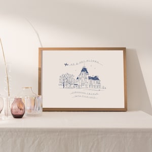 May include: A framed illustration of a castle with trees and a plane flying overhead. The text reads "Mr. & Mrs. McSwan, Cornhill Castle, 16th July 2023."