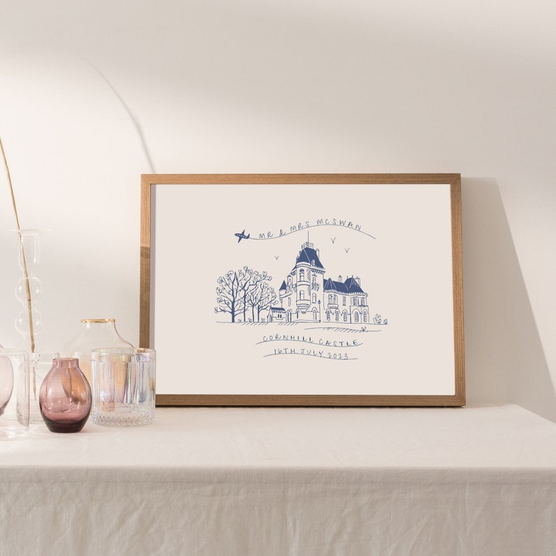 May include: A framed illustration of a castle with trees and a plane flying overhead. The text reads "Mr. & Mrs. McSwan, Cornhill Castle, 16th July 2023."