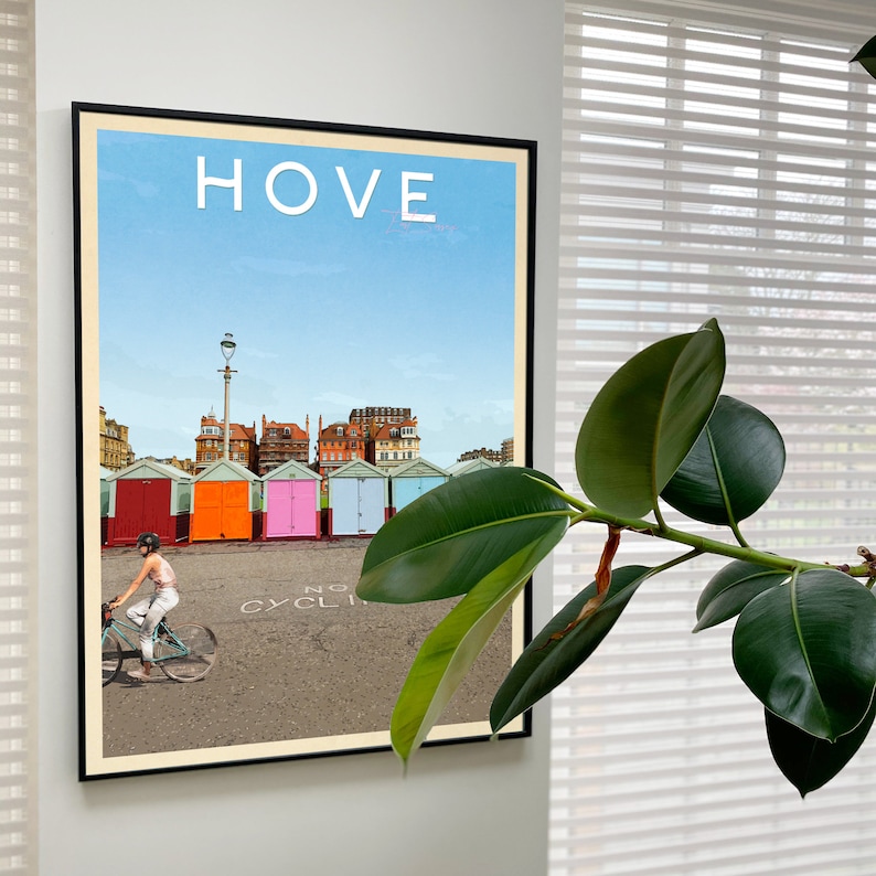 Hove Beach Huts Vintage Style Art Print Retro Brighton Poster Hove Poster UK Holiday Destination Print Brighton Beach Wall Art image 2