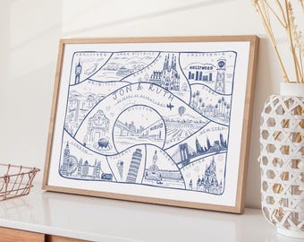 Personalised Travel Adventures Map Print | Bespoke Travel Memories Illustration | Personalised Travel Art for Couples | Anniversary Print